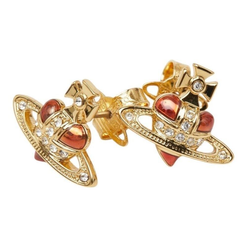 Vivienne Westwood New Diamante Heart Stud Earrings Gold Red Plated Rhinestone